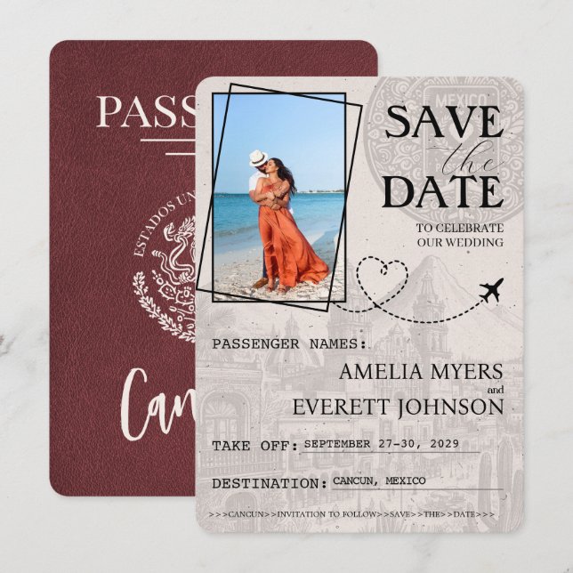 Burgundy Cancun Passport Save The Date (Front/Back)
