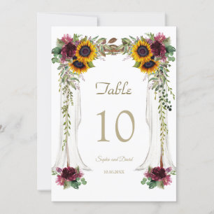 Burgundy Canopy Sunflowers Wedding Table Number