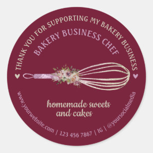 Burgundy Catering Bakery Chef Whisk Flower Thanks Classic Round Sticker