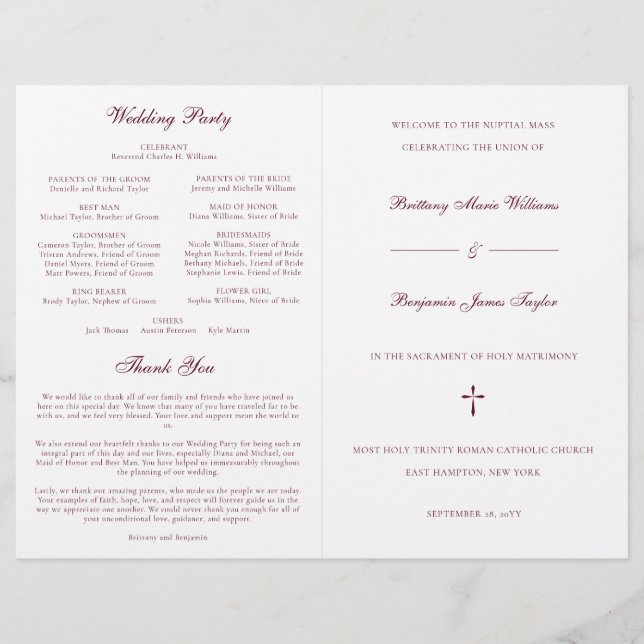 Burgundy Catholic Wedding Mass Ceremony Program (Front)