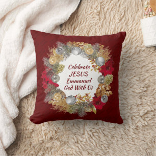 Burgundy CELEBRATE JESUS Christmas Wreath Cushion