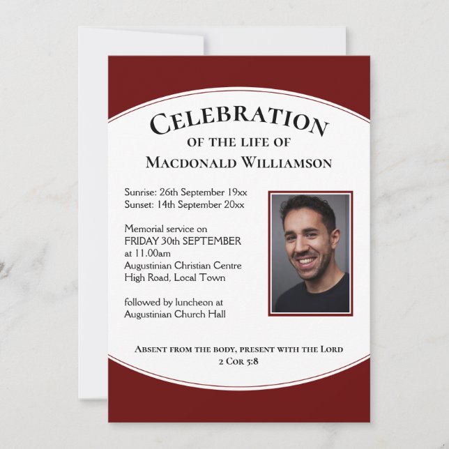 Burgundy CELEBRATION OF LIFE Photo Funeral Invitation (Front)