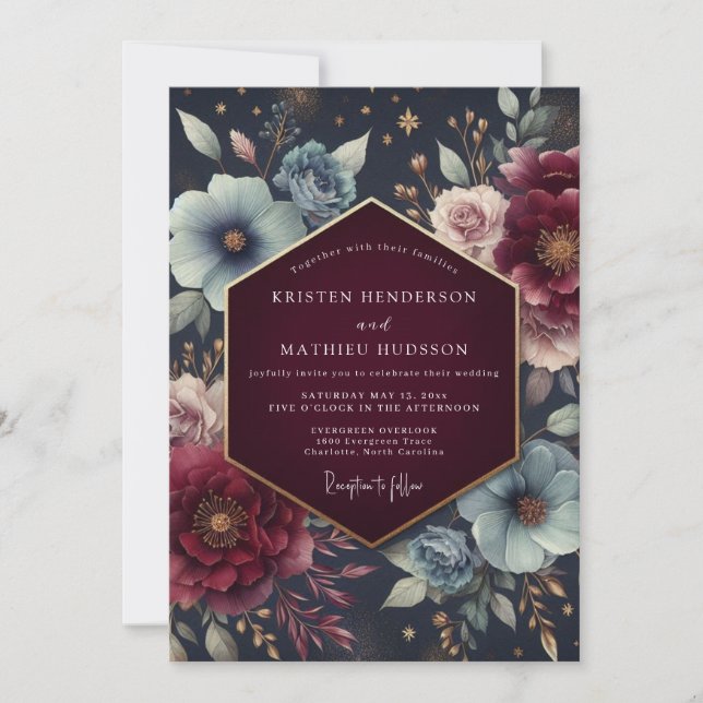 Burgundy Celestial Bloom Wedding Invitation (Front)