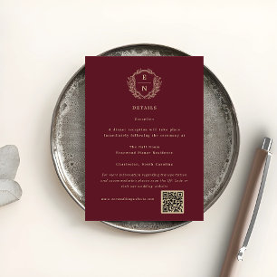 Burgundy Champagne Crest Monogram Wedding Details Enclosure Card