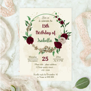 Burgundy champagne flowers botanical birthday invitation