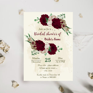 Burgundy champagne flowers botanical bridal shower invitation