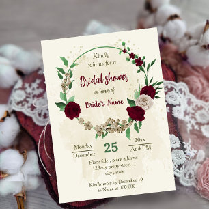 Burgundy champagne flowers botanical bridal shower invitation