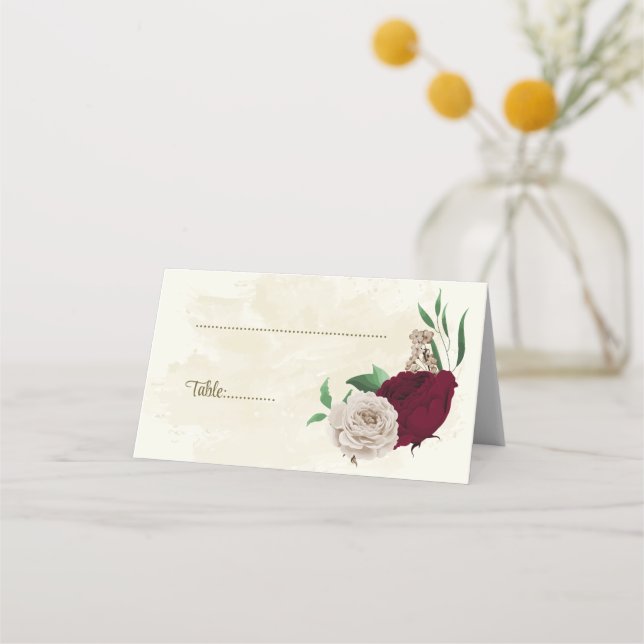 Burgundy champagne flowers botanical wedding place card (Front)