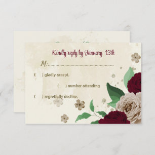Burgundy champagne flowers botanical wedding RSVP card