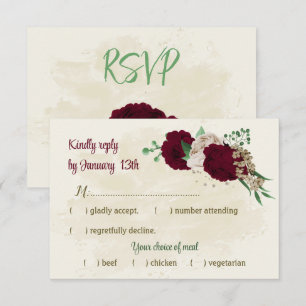 Burgundy champagne flowers botanical wedding RSVP card