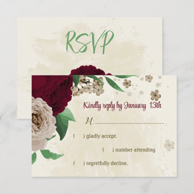 Burgundy champagne flowers botanical wedding RSVP card (Front/Back)