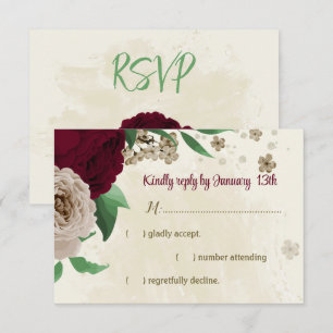 Burgundy champagne flowers botanical wedding RSVP card