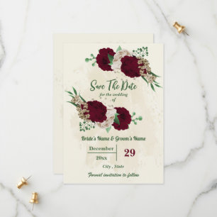 Burgundy champagne flowers botanical wedding save the date