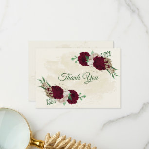 Burgundy champagne flowers botanical wedding thank you card