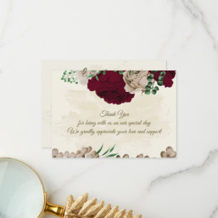 Burgundy champagne flowers botanical wedding thank you card