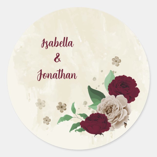 Burgundy champagne flowers wedding classic round sticker (Front)