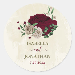 Burgundy champagne flowers wedding classic round sticker