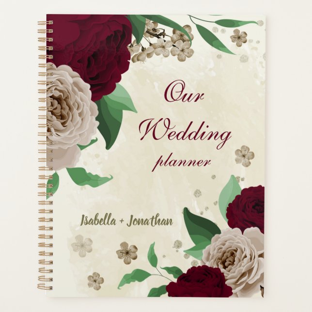 Burgundy champagne flowers wedding planner (Front)