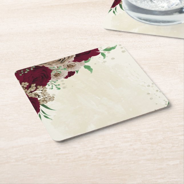 Burgundy champagne flowers wedding square paper coaster (Angled)