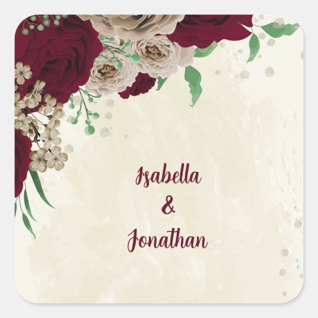 Burgundy champagne flowers wedding square sticker (Front)