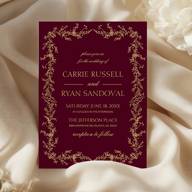 Burgundy Champagne Hand Drawn Floral Frame Wedding Invitation (Creator Uploaded)