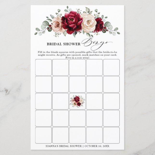 Burgundy Champagne Ivory Bridal Shower Bingo Game (Front)