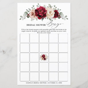 Burgundy Champagne Ivory Bridal Shower Bingo Game