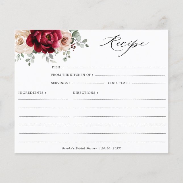 Burgundy Champagne Ivory Bridal Shower Recipe (Front)