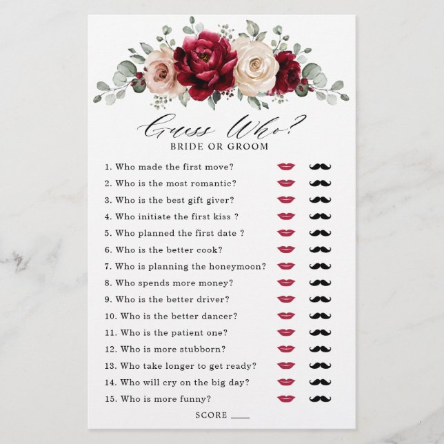 Burgundy Champagne Ivory Mauve Bridal Shower Game (Front)
