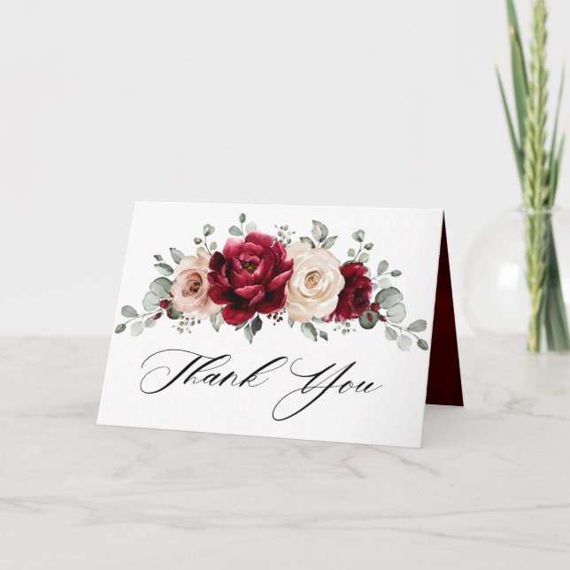 Burgundy Champagne Ivory Mauve Rose Bridal Shower Thank You Card (Front)