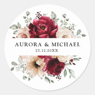 Burgundy Champagne Ivory Mauve Rose Floral Wedding Classic Round Sticker