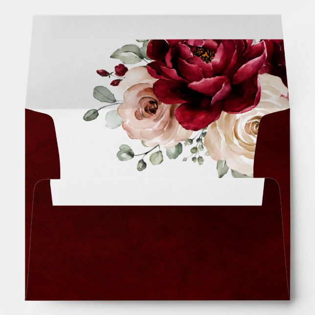 Burgundy Champagne Ivory Mauve Rose Floral Wedding Envelope (Back (Bottom))