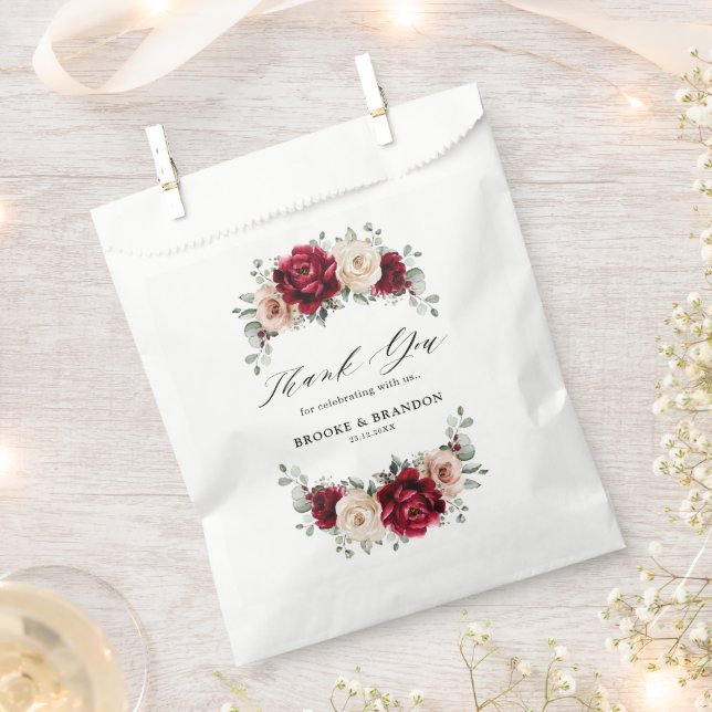 Burgundy Champagne Ivory Mauve Rose Floral Wedding Favour Bag (Clipped)