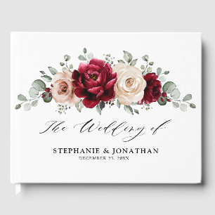 Burgundy Champagne Ivory Mauve Rose Floral Wedding Guest Book