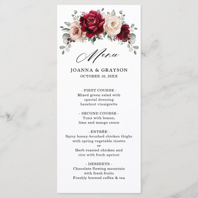 Burgundy Champagne Ivory Mauve Rose Floral Wedding Menu (Front)