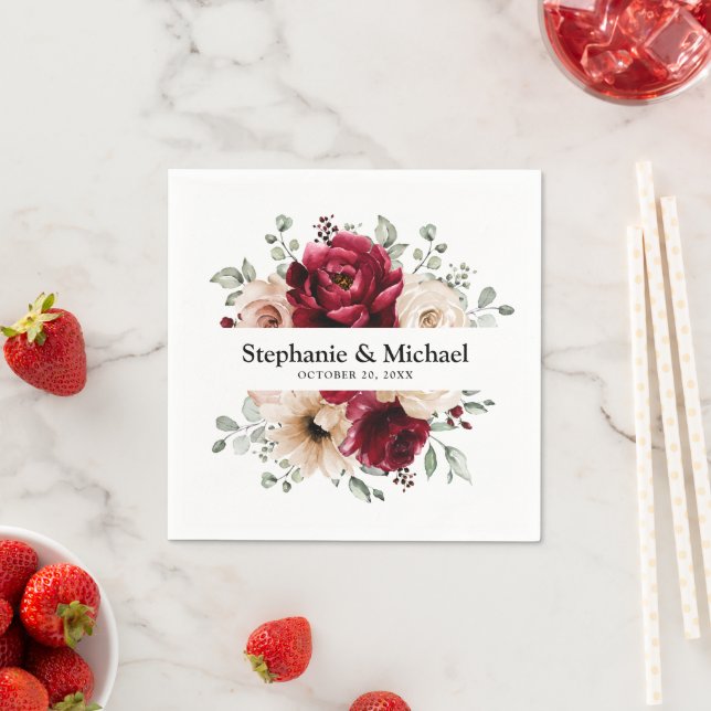 Burgundy Champagne Ivory Mauve Rose Floral Wedding Napkin (Insitu)