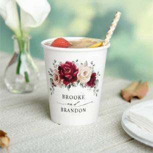 Burgundy Champagne Ivory Mauve Rose Floral Wedding Paper Cups