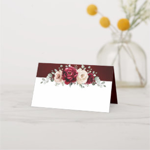 Burgundy Champagne Ivory Mauve Rose Floral Wedding Place Card