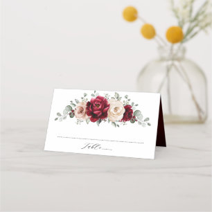 Burgundy Champagne Ivory Mauve Rose Floral Wedding Place Card