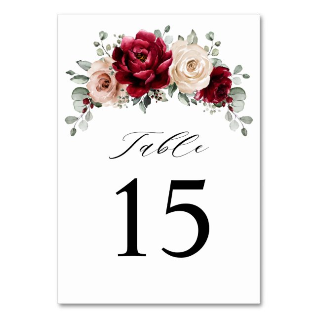 Burgundy Champagne Ivory Mauve Rose Floral Wedding Table Number (Front)