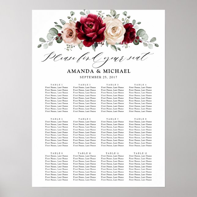 Burgundy Champagne Ivory Mauve Rose Seating chart (Front)