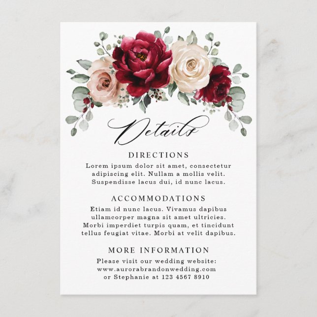 Burgundy Champagne Ivory Mauve Wedding Details Enclosure Card (Front)
