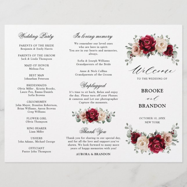 Burgundy Champagne Ivory Mauve Wedding Program (Front)