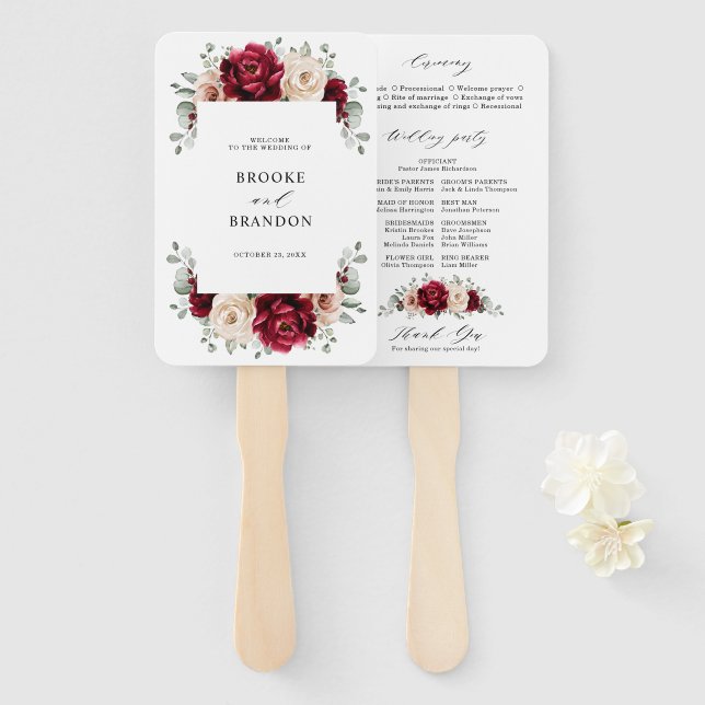 Burgundy Champagne Ivory Mauve Wedding Program     Hand Fan (Front and Back)