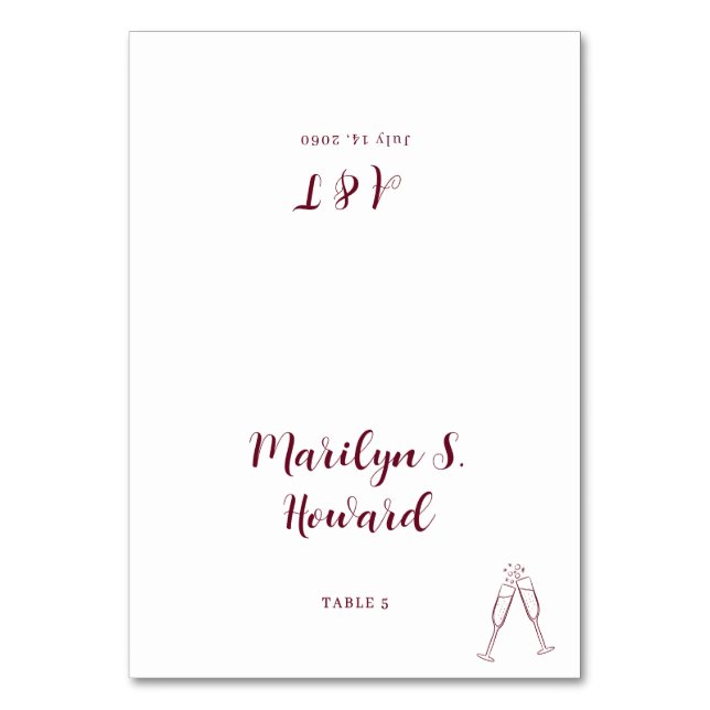 Burgundy Champagne Minimalist Monogram Wedding Table Number (Front)