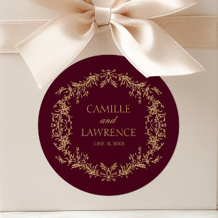Burgundy Champagne Toile Floral Frame Wedding Classic Round Sticker