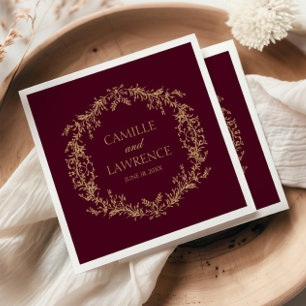 Burgundy Champagne Toile Floral Frame Wedding Napkin