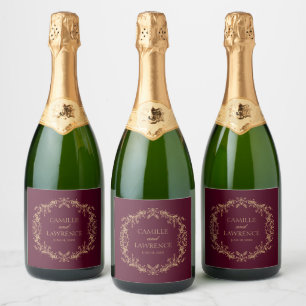 Burgundy Champagne Toile Floral Frame Wedding Sparkling Wine Label