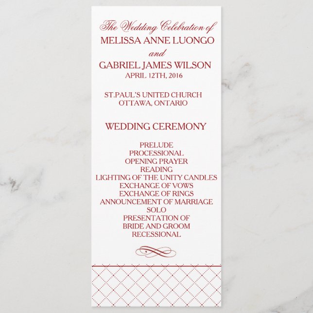Burgundy Checked Pattern Wedding Ceremony Program (Front)