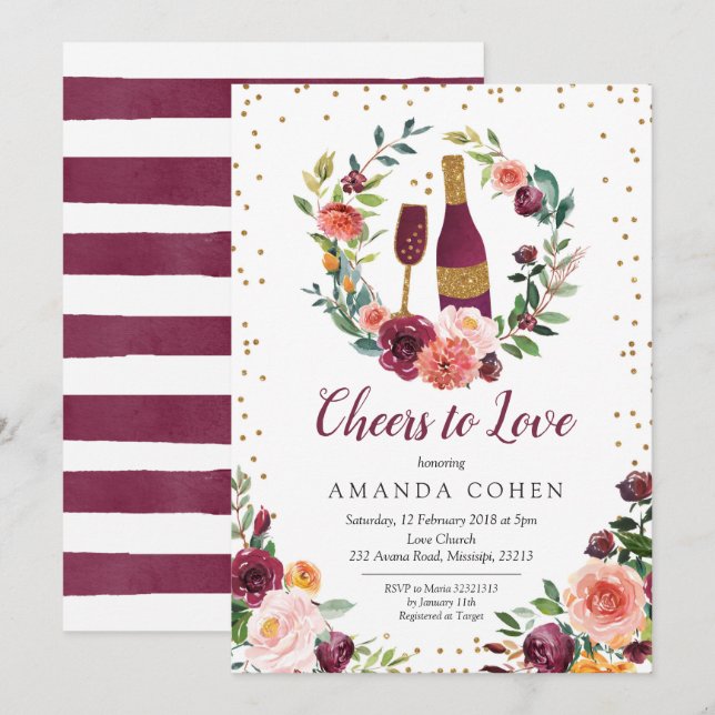 Burgundy Cheers to Love Wine Bridal Shower Invitation (Front/Back)